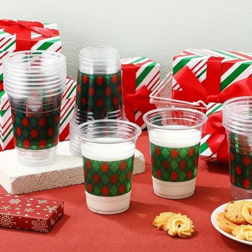 100 Pcs 16 oz Christmas Party Cups Red and Green Plaid Checkered