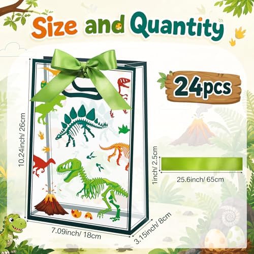 Capoda 24 Pack Dinosaur Party Favor Bags, Clear Gift Bags with Handles and Green Ribbons, Dino Goodie Treat Bag, Transparent Favor Bag for Birthday Party Supplies, Baby Shower, Classroom Rewards