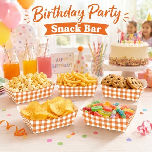 100 Pcs Orange Checkered Paper Food Trays, Pre-Folded Disposable Snack Boats for Popcorn, Candy, Fries, Nachos, Snacks, Movie Night Party Supplies, Cinema Themed Serving Trays
