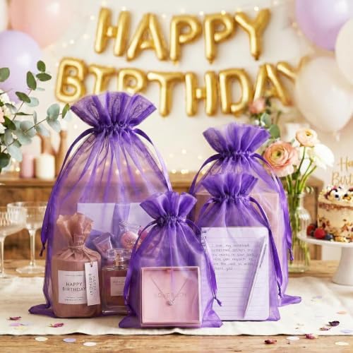 FUNFERY 100PCS Purple Organza Gift Bags 6x9in,Drawstring Pouch for Jewelry