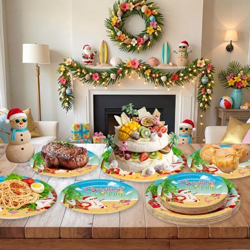 Litmitfu 24 Pcs Christmas in July Plates Set - Blue Summer Themed Paper Plate, Disposable Xmas Round Dinner Dessert Plates Tableware for Christmas in July Party Supplies Favors Table Decorations