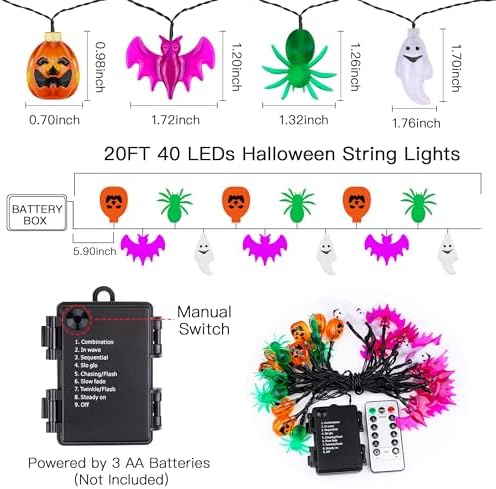 20FT 40LED Halloween Lights Outdoor Indoor Pumpkin Bat Spider Ghost Halloween String Lights Battery Operated, 8 Light Modes Waterproof Fairy Lights Decorations for Home Yard Window Party Outside Decor