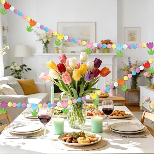 Jansun 8.2 FT 3D Spring Colorful Tulip Floral Felt Pre-Strung Garland
