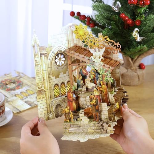 Pop up Christmas Cards Nativity, Holy Night Nativity, 3D Elegant Religious Card with Envelope for Holiday, Manger Scene, Angel, Jesus Christ, Holy Family,Handcrafted Decoration, Merry Christmas Gift