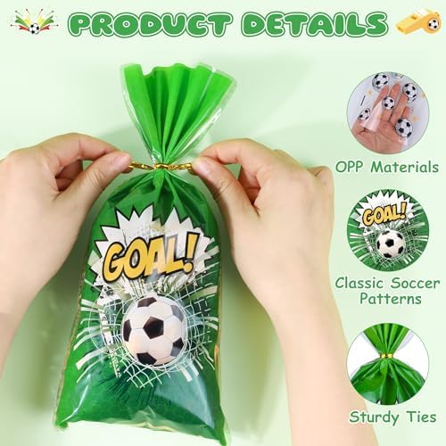 100 Pcs Soccer Cellophane Treat Bags - 5" x 11" Sports Themed Goodie Bags with 110 Gold Twist Ties, 4 Adorable Soccer Designs Clear Candy Bags for Soccer Birthday Party Favors, Team Celebration