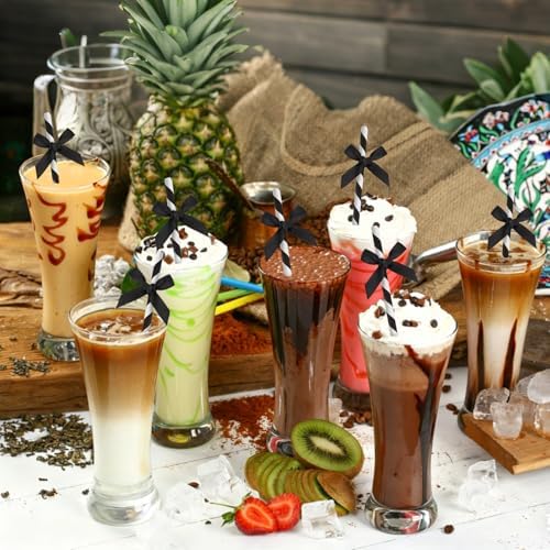 24 Packs Black Bow Biodegradable Striped Paper Straws, Black and White Disposable Drinking Straws for Birthday Carnival Summer Pool Party Wedding Baby Shower Halloween Party Decoration Supplies