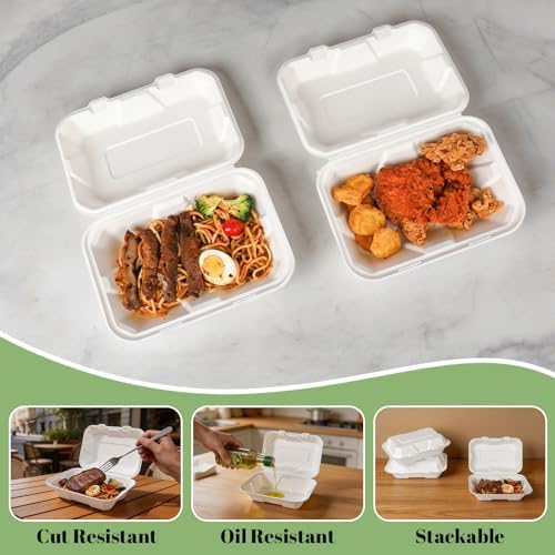 Lucklot 100 Pack 9×6 Inch White Compostable Bagasse Takeout Food Containers