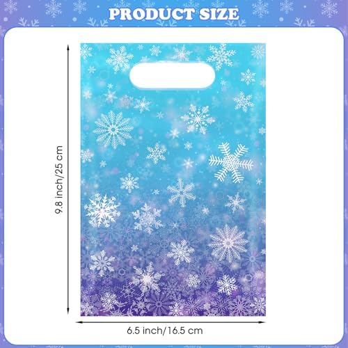 50 Pcs Winter Snowflake Gift Bags, Plastic Frozen Goodie Bags with Handles, Blue and Purple Candy Goodie Party Favor Bag for Winter Wonderland Christmas Birthday Decorations Frozen Party Supplies