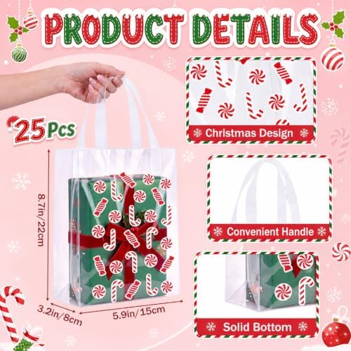 Pajean 25 Pcs Christmas Plastic Gift Bags with Handles, Candy Cane Pouches