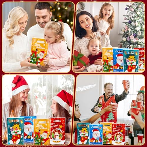 Christmas Treat Bags with Handles, 60 PCS Christmas Goodie Bags, Xmas Gift Bag, Plastic Snowman Santa Claus Candy Goody Cookie Snack Bag Holiday Party Favor Bag for Xmas Winter Party Favor Supplies