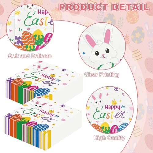 50 Pcs Happy Easter Napkins Disposable, 13 Inch Spring Bunny Napkins, 3-Ply Cute Easter Eggs Rabbit Flower Dinner Cocktail Paper Towels for Easters Party Supplies Table Decorations Favors