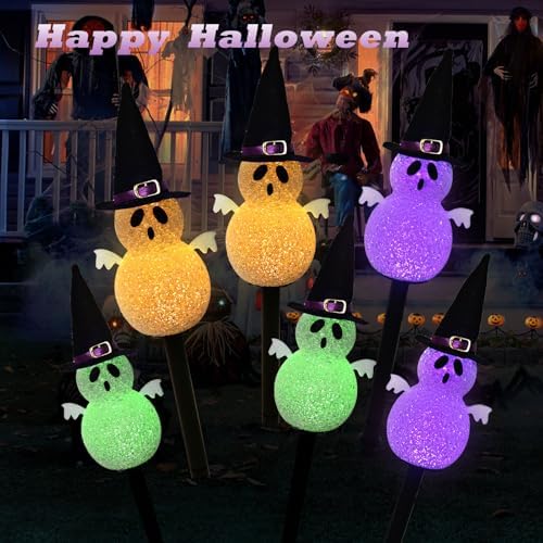 BRIGHTDECK Halloween Solar Pathway Lights Outdoor, LED Decor, Light Up Solar Stake Lights for Holiday, Halloween, Walkway, Sidewalk (Multicolor Hat Ghost, 6-Pack)