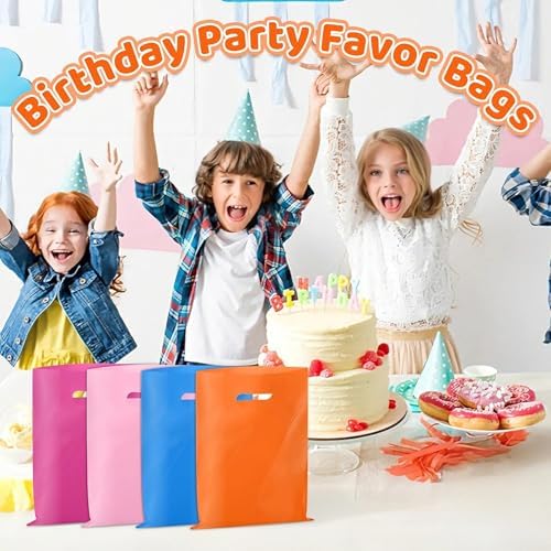 VieFantaisie 50 PCS Orange Party Favor Bags, 8" x 11" Goodie Bags for Candy Treat Craft Easter Egg, Plastic Gift Bag with Die Cut Handles for Birthday Party, School Events & Small Business, Wedding