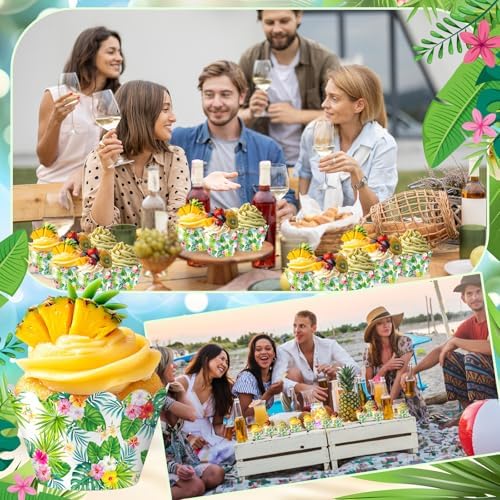 Domensi 100 Pcs Hawaiian Luau Tropical Palm Cupcake Wrappers Rustic Cupcake Liners Green Baking Cups Baking Liners for Summer Birthday Party Supplies Dessert Decoration