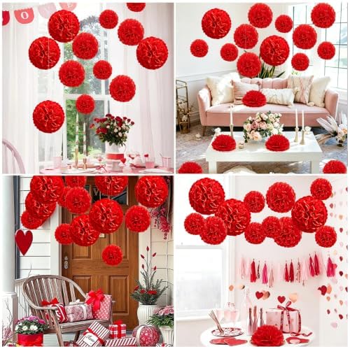 Recosis Red Party Decorations, 18 Pcs Paper Pom Poms Decorations