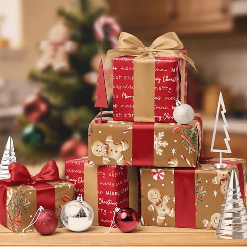 LaRibbons Christmas Wrapping Paper, Double-Sided Gingerbread Cookie Design