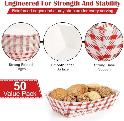 Perfect Stix- 2 lb Checkered Paper Food Trays – Pack of 50 – Disposable Red Check Food Boats for Fries, Burgers, Hot Dogs & Concession Snacks – Grease Resistant Food Service Tray