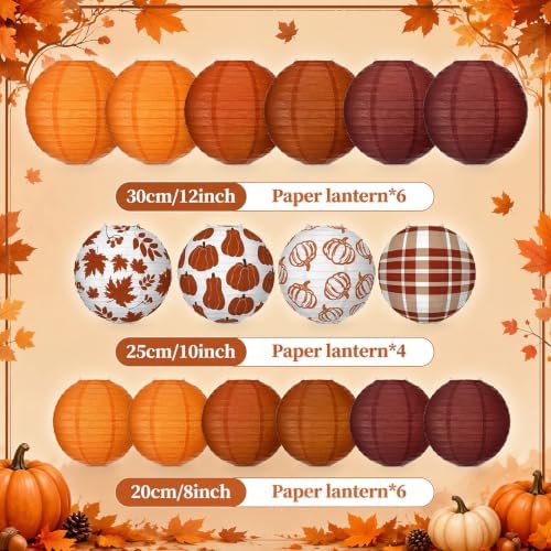 Bencailor 16 Pcs Fall Paper Lanterns Thanksgiving Orange Pumpkin Party Paper Lanterns Round Thankful Maple Leaves Hanging Party Decorations for Autumn Harvest Outdoor Decor (Cut,Warm)