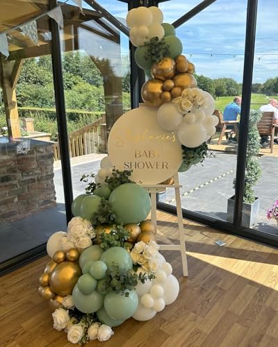 Sage Green Balloons Arch Kit, 124pcs Sage Green White and Gold Balloons
