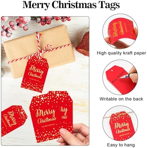 joycraft 50Pcs Christmas Tags with String, Red Merry Christmas Gift Tags