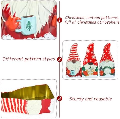 Whaline 3 Pack Christmas Food Tin Box Stripe Dot Snowflake Gnome Design Candy Tin Containers Metal Cookie Tin Jar with Lid for Storing Treat Chocolate Christmas Wrapping Party Favor Supplies, 3 Style