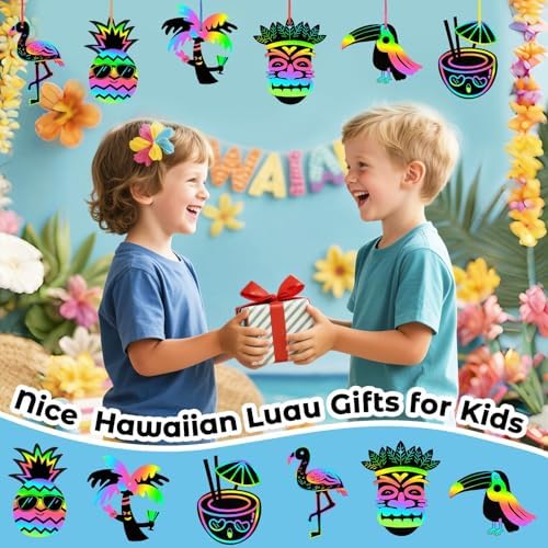 JULMELON 36PCS Luau Crafts for Kids, Rainbow Scratch Art Hawaiian Party