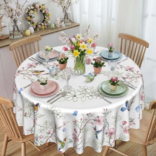 Spring Tablecloth Round 70 Inch, Spring Birds Branch Florals Decorations for Home Table Cloth Tablecloths Polyester for Picnic Party Dinner