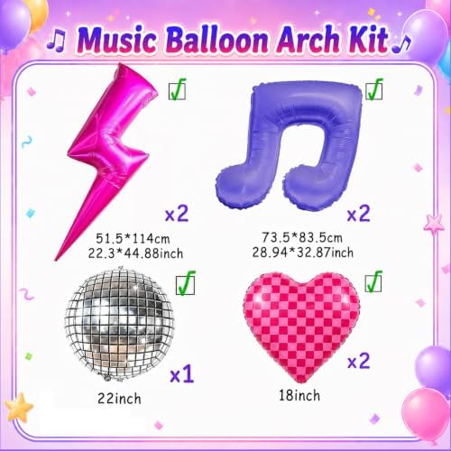 K POP Music Birthday Decorations, 162Pcs Pink Purple Balloon Garland Arch Kit with Music Note, Disco Ball, Checkered Heart, Lightning and Star Foil Balloons for Movie Singer Theme Party