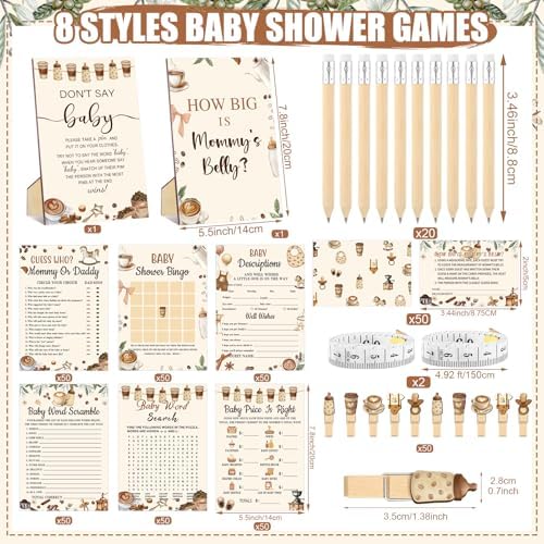 Funnymoom 426 Pcs Baby Shower Games Set Coffee Theme, 8 Activities