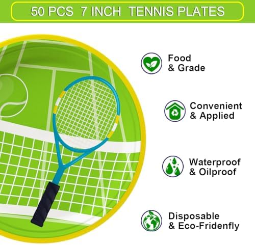 SHUYU 50 PCS Tennis Paper Plates,7 Inch Disposable Tennis Plates, Tennis Court and Racket Design Party Dessert Plates Sports Birthday Baby Shower Party Supplies