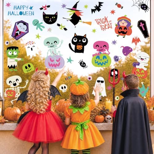 9 Sheet Halloween Window Clings for Kids, Ghost Skeleton Bat Stickers Decor