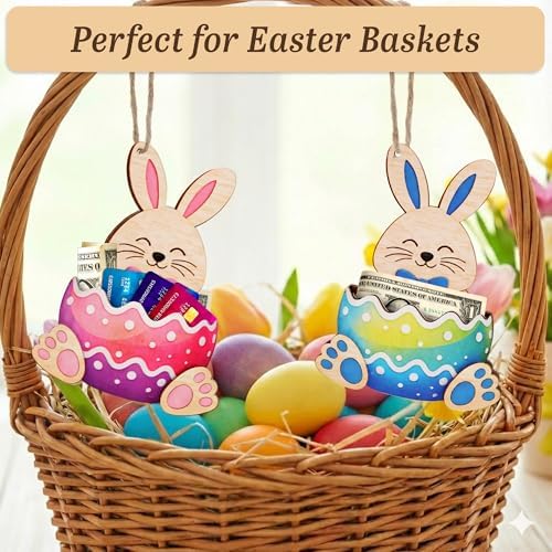 KATINAT Easter Bunny Money Holder for Cash & Cards, Bunny Holding Easter Egg Wooden Cash Holder, Easter Basket Stuffer for Teens, Kids, Teen Girls & Boys, Pink Bunny Money Holder