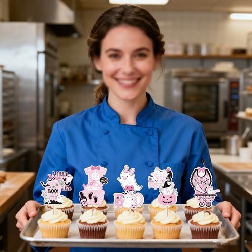 Rsstarxi 40 Pack Halloween Baby Shower Cupcake Toppers Halloween Ghost A Baby Is Brewing Gneder Reveal Cupcake Picks Decorations for Boo Spooky Girls Birthday Party Cake Decorations Supplies Pink