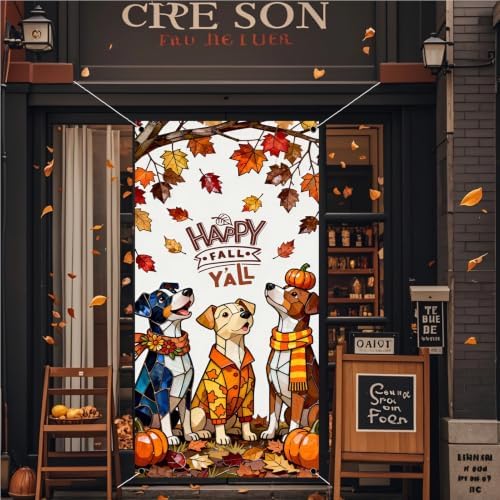 Fall Door Cover,Maple Leaves Dogs Thanksgiving Banner Fall Decor
