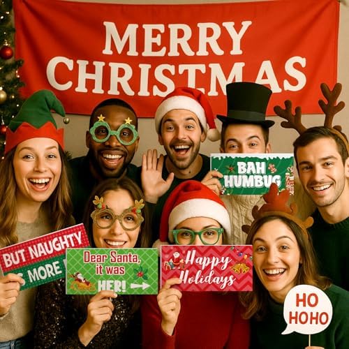 Beeveer 24 Designs Christmas Photo Booth Props, Red and Green Xmas Props
