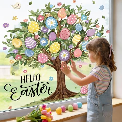 6 Sheets Extra Large Easter Egg Tree Window Clings 31.5 Inch for Kids Home School Office Classroom Party Supplies