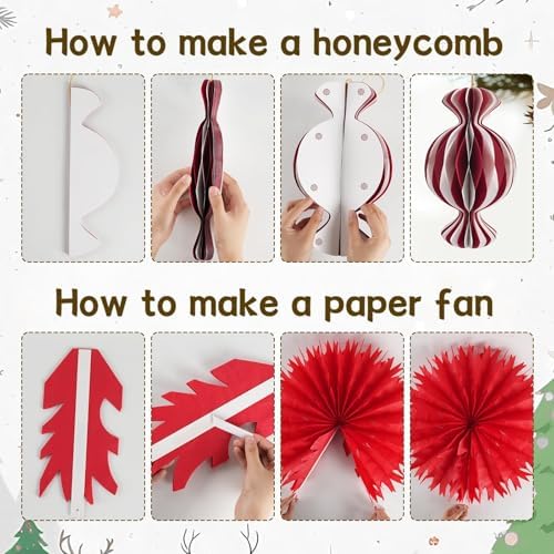 Red and White Christmas Decorations Set, 11Pcs 3D Candy Paper Honeycomb Ornaments Paper Snowflake Fans, Decorative Hanging Lantern Ornaments for Xmas Tree Winter New Year Holiday Party Home Decor