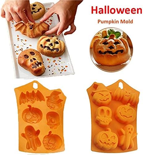 2Pcs Halloween Silicone Cake Mold，Pumpkin Bat Skull Ghost Shape Silicone Candy Chocolate Molds for DIY Cookies Soap Candy Gummy Chocolate Mold Ice Cream Tray for Kitchen DIY Baking Tools…