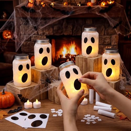 Qinyoung 12 Pcs Halloween Spooky Ghost Mason Jars Crafts with LED light