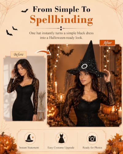 Edoneery Halloween Witch Hat for Women, Mesh Lace Cosplay Costume Accessory