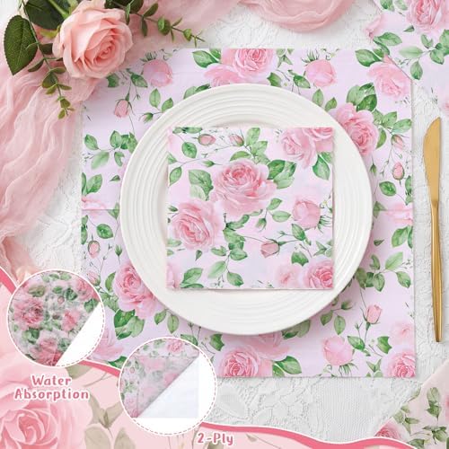 Natnarr Pink Floral Paper Napkins, 50 Pack, 6.5 x 6.5 Inch