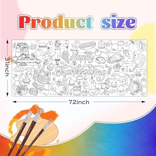 Thanksgiving Coloring Tablecloth 31×72 in, Large Paper Table Cover with Pumpkins, Turkeys, Scarecrow and Harvest Designs, Holiday Party Coloring Poster for Activity Arts and Crafts