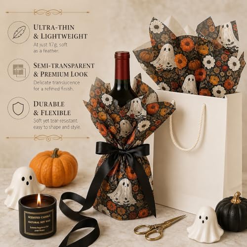 60 Sheets Boho Ghost Floral Tissue Paper, 13.8 x 19.7'' Boho Ghost Floral Pumpkin Patterns Gift Wrapping Paper for Halloween DIY Craft Autumn Party Supplies
