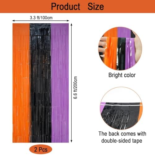2 Pack Halloween Backdrop Orange Black Purple Foil Fringe Curtains.