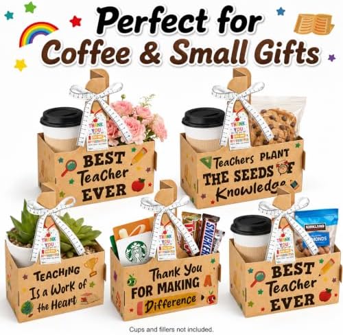 Cinrobiye 24 Pack Christmas Teacher Gift Drink Carriers with Handles,Holiday Coffee Cup Holder Gift Boxes with Cards & Ribbons,Teacher Appreciation Gifts for Christmas