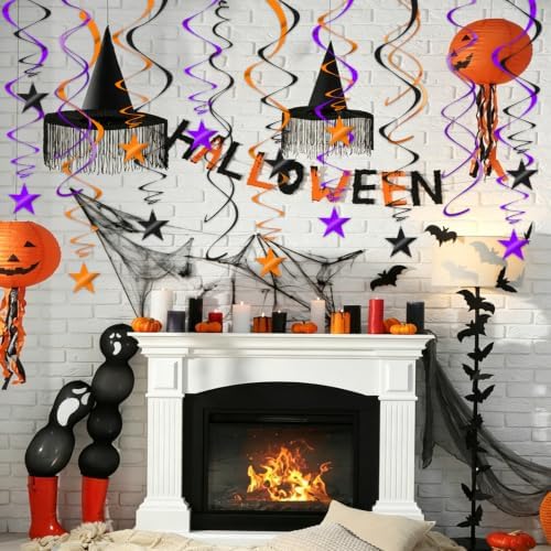 36Pcs Black Orange and Purple Star Swirl Decorations, Plastic Foil Star Swirl Ceiling Hanging Decorations Spiral Streamer Party Supplies for Halloween Fall All Kinds of Parties