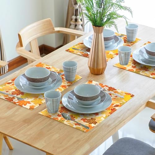 Fall Placemats Set of 6 18x12 Inch Autumn Maple Leaves Linen Place Mats Heat-Resistant Washable Wipeable Orange Season Holiday Table Mat for Party Kitchen Dining Room Dinner Table Decor