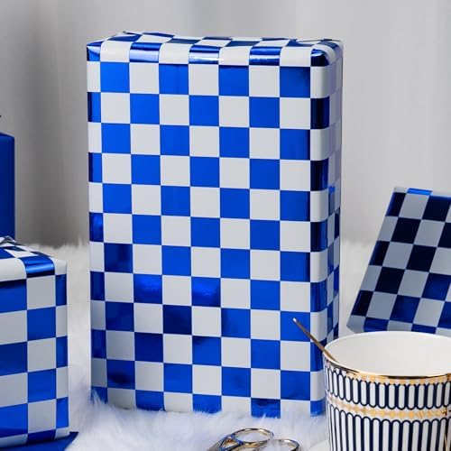 MAYPLUSS Gift Wrapping Paper Roll, Blue and White Checkered Flag Wrapping Paper, Reversible Skateboarders & Car Racing Wrapping Paper for Kid Birthday, Graduation,Christmas (17 Inch x 16.5 Feet)