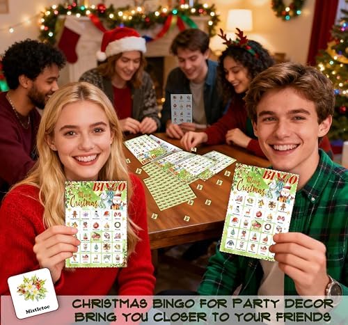 24-Person Christmas Bingo Cards, Watercolor Snowman Xmas Party Card Game, Green Santa Claus Bingo Game for Family Large Group Activities, Winter Holiday Party Supplies