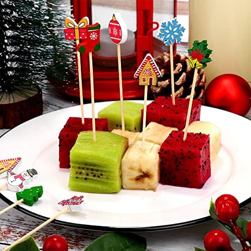 Aodaer 200 Pieces Christmas Wooden Cocktail Picks Appetizer Fruits Bamboo Toothpicks Decorative Cocktail Sticks with Christmas Balls Tree for Fruits Dessert Appetizer Party Supplies